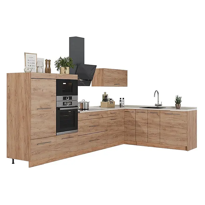 Eckküche Fame-Line 347 cm Goldkraft Eiche Art.-Nr. 63604 -  - L-förmige Holzküche mit integrierten Geräten, Spüle und Dunstabzugshaube.