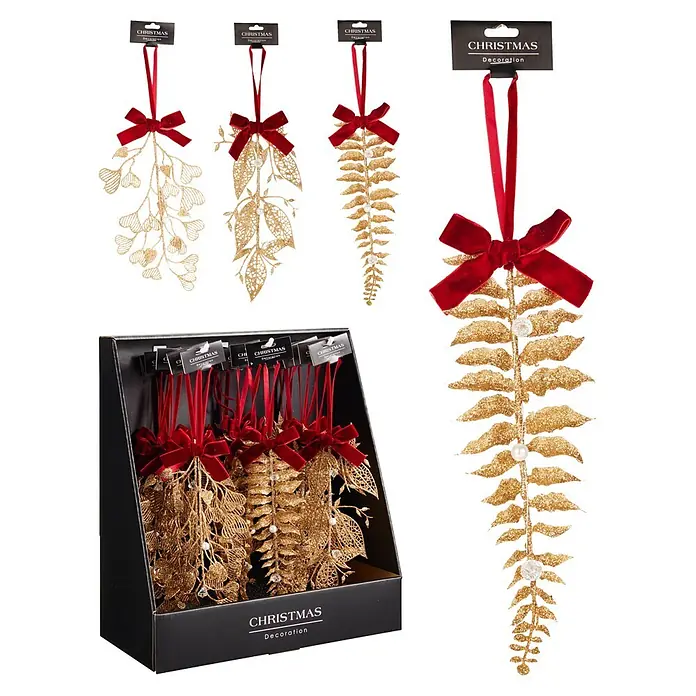 Adornos del árbol de Navidad Hojas doradas con cinta - Dorada, 1 ud., 17 x 2 x 26 cm - Decoraciones navideñas doradas con purpurina, lazos de terciopelo rojo y perlas, algunas en caja negra.