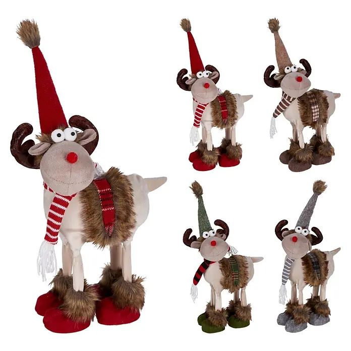 Figura decorativa navideña Reno con gorro - 23 x 15 x 37 cm, Textil, Rojo - Set de 5 renos de Navidad de peluche con sombreros largos, bufandas y botas peludas en rojo, marrón, verde y gris.