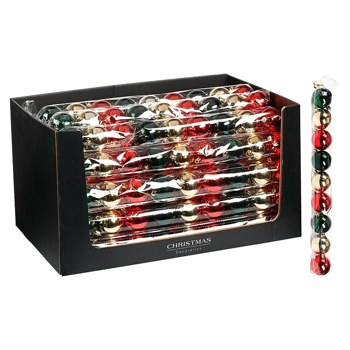 Bola de Navidad Verde/Dorado/Rojo - Verde/Rojo/Dorado, Poliestireno, Redonda, 9 ud. - Bolas de Navidad rojas, doradas y verdes, expuestas en una caja negra y un tubo transparente.