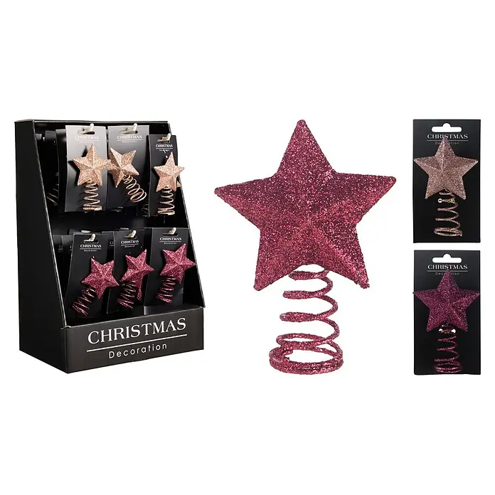Punta para árbol de Navidad Estrella - An x Al: 7 x 10 cm, Morado/Rosé - Puntas de árbol de Navidad en forma de estrella con purpurina, doradas claras y rosas, con base de muelle.