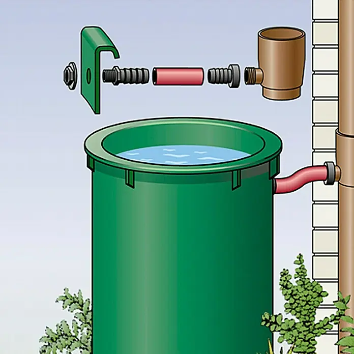 Marley Regensammler - Nennweite: 105 mm, Filter, Braun - Illustration einer grünen Regenwassertonne mit Verbindung zu einem Fallrohr, ideal für die Gartenbewässerung und Wasserspeicherung.