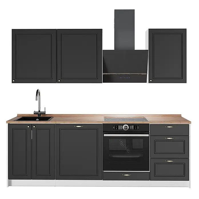 Vicco Küchenzeile Fame-Line, Anthrazit-Gold Landhaus/Weiß, 230 cm -  - Eine komplette moderne dunkelgraue Küchenzeile mit heller Holzplatte, Spüle, Backofen, Abzugshaube und Oberschränken.