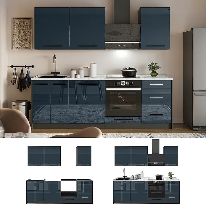 Vicco Küchenzeile - Breite: 230 cm, Dunkelblau Hochglanz, Ohne Elektrogeräte - Modulare Küchenzeile mit glänzenden dunkelblauen Unter- und Oberschränken, integriertem Backofen, Spüle und Dunstabzugshaube.