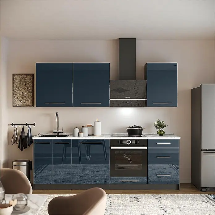 Vicco Küchenzeile - Breite: 230 cm, Dunkelblau Hochglanz, Ohne Elektrogeräte - Moderne Küche: glänzend dunkelblaue Schränke, weiße Marmor-Optik Arbeitsplatte, integrierter Ofen, schwarze Haube.