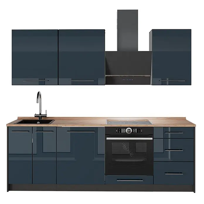 Vicco Küchenzeile - Breite: 230 cm, Dunkelblau Hochglanz, Ohne Elektrogeräte - Moderne Küchenzeile mit glänzend dunkelblauen Schränken, heller Holztheke, integrierter Spüle, Kochfeld, Backofen und Dunstabzugshaube.