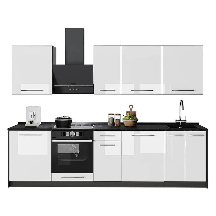 Küchenzeile Fame-Line 280 cm Weiß Hochglanz Art.-Nr. 64178 -  - Moderne modulare Küche mit weißen Hochglanzschränken, schwarzer Arbeitsplatte und integrierten schwarzen Geräten.