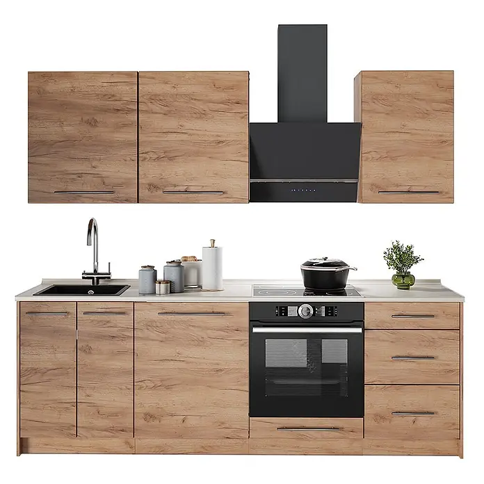 Vicco Küchenzeile - Breite: 230 cm, Goldkraft Eiche, Ohne Elektrogeräte - Moderne Küchenzeile mit hellbraunen Holzschränken, weißer Arbeitsplatte, schwarzer Spüle, Ofen, Kochfeld und Dunstabzugshaube.