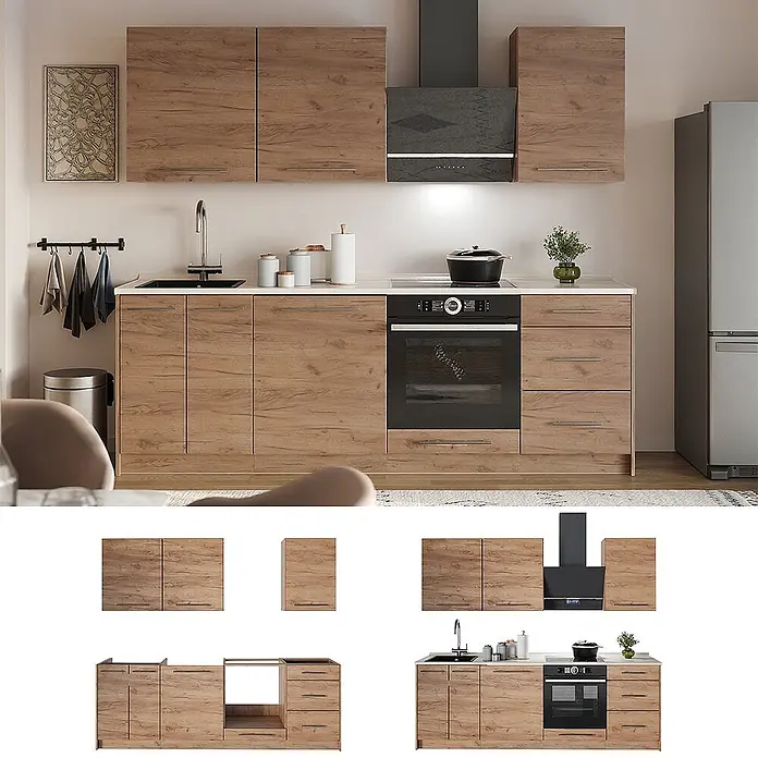 Vicco Küchenzeile - Breite: 230 cm, Goldkraft Eiche, Ohne Elektrogeräte - Moderne Küchenzeile in Holzoptik mit integrierten Geräten, zeigt Stauraum und funktionales Design im Wohnambiente.