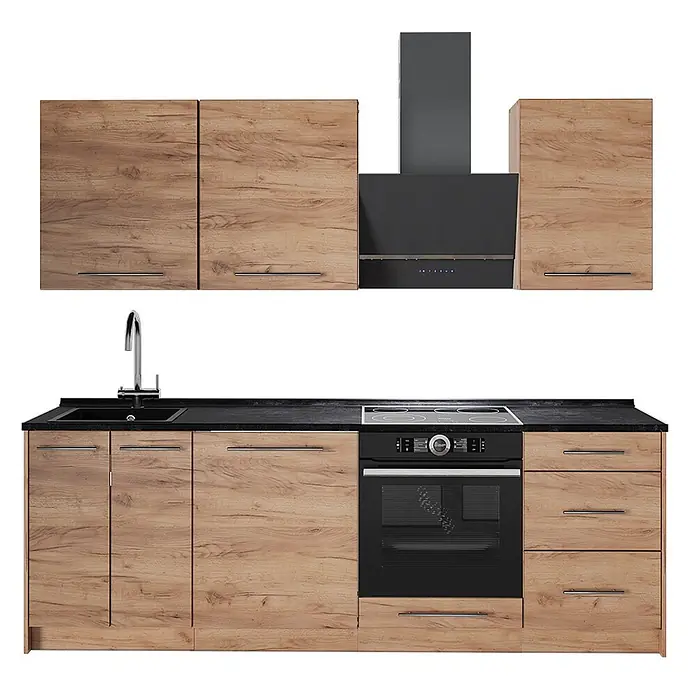 Vicco Küchenzeile - Breite: 230 cm, Goldkraft Eiche, Ohne Elektrogeräte - Küchenzeile in Holzoptik mit schwarzer Arbeitsplatte, Spüle, Backofen, Kochfeld und Dunstabzugshaube.