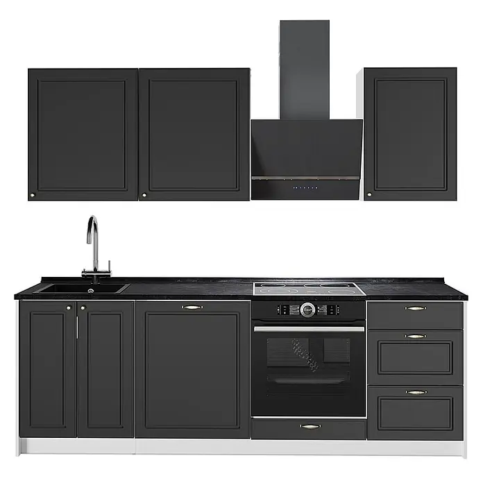 Vicco Küchenzeile Fame-Line, Anthrazit-Gold Landhaus/Weiß, 230 cm -  - Modulare dunkelgraue Küche mit Schranktüren im Shaker-Stil, integrierten Geräten und schwarzer Arbeitsplatte.