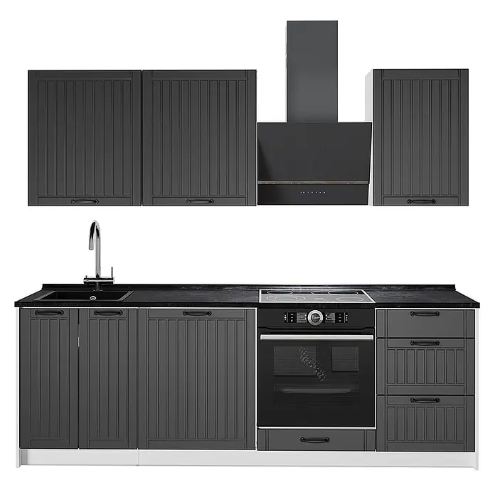 Vicco Küchenzeile Fame-Line, Dunkelgrau/Weiß, 230 cm -  - Dunkelgraue Küchenzeile mit gerippten Schranktüren, integrierter Spüle, Kochfeld, Backofen und Dunstabzugshaube.