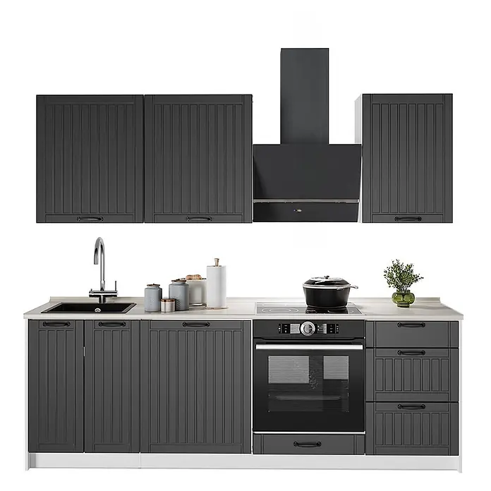Vicco Küchenzeile Fame-Line, Dunkelgrau/Weiß, 230 cm -  - Dunkelgraue Küchenmöbel mit gerippten Schranktüren, heller Arbeitsplatte, Spüle, Kochfeld, Backofen und Dunstabzugshaube.