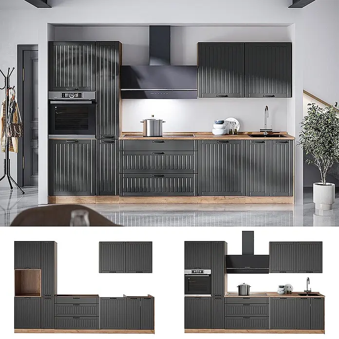 Vicco Küchenzeile - Breite: 310 cm, Dunkelgrau, Ohne Elektrogeräte - Modulare dunkelgraue Küchenschränke mit geriffelten Türen und Holzplatten, inklusive Backofen, Spüle und Dunstabzugshaube.