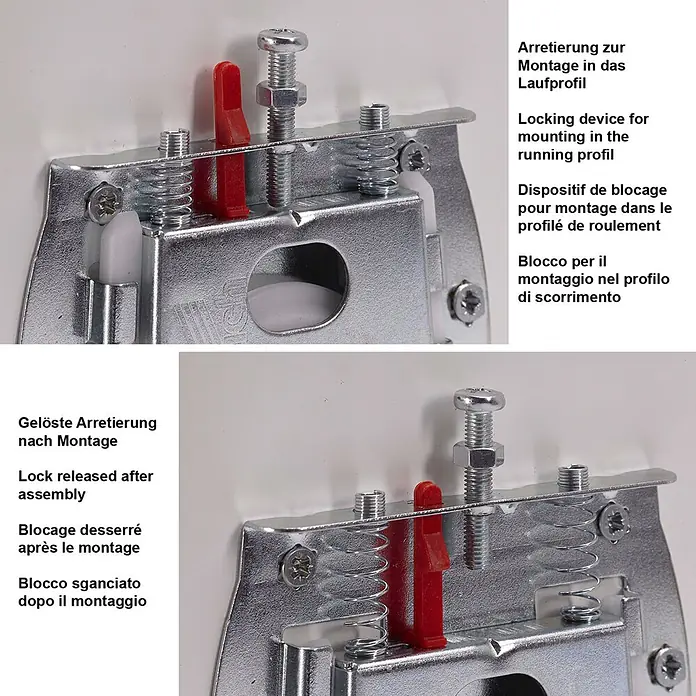 Hettich Montage-Set SlideLine 16 - Passend für: 1 Schiebetür, Traglast: 60 kg - Verzinkte Arretierung mit rotem Hebel und weißer Rolle zur Montage in Laufprofil. Gezeigt in verriegeltem und gelöstem Zustand.
