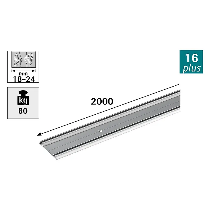 Hettich Laufschiene SlideLine 16 - Länge: 2.000 mm, Traglast: 60 kg - Metallschiene, 2000mm lang, für 18-24mm starke Platten, belastbar bis 80kg. Serie 16 plus.