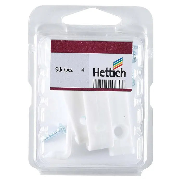Hettich Befestigungsclip - Passend für: Hettich Dachschrägenadapter-Set Kunststoff - Hettich Blisterpack mit 4 weißen Kunststoff-Montagekonsolen und Schrauben.