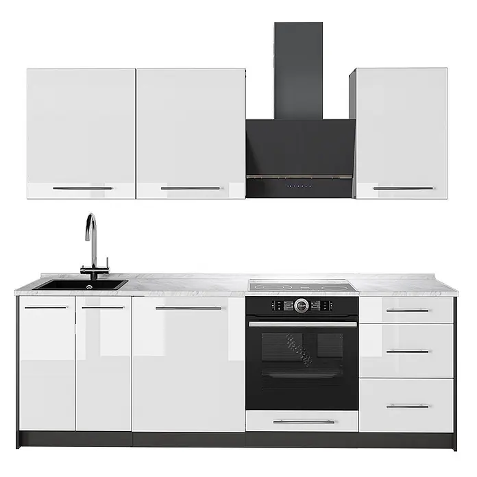 Vicco Küchenzeile Fame-Line, Weiß Hochglanz/Anthrazit, 230 cm -  - Moderne Küchenzeile mit glänzenden weißen Schränken, schwarzem Backofen, Kochfeld, Spüle und Dunstabzugshaube, dazu eine hellgraue Arbeitsplatte.