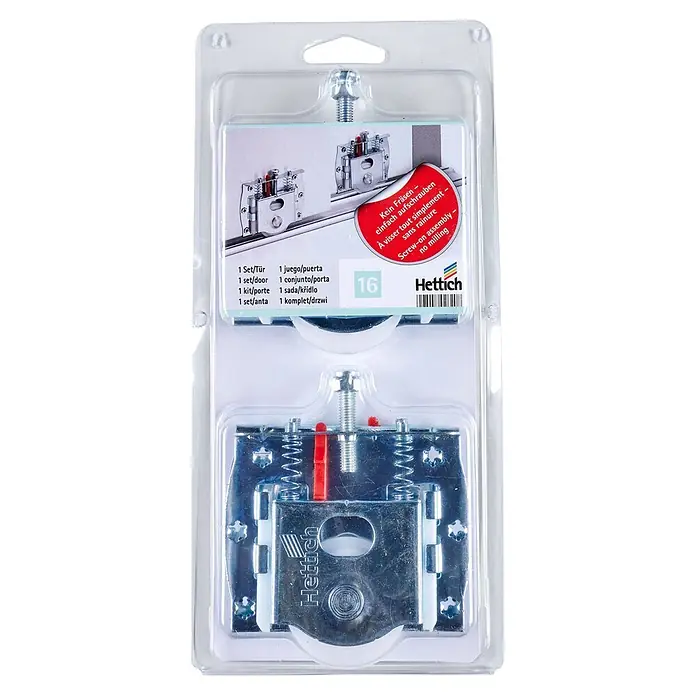 Hettich Montage-Set SlideLine 16 - Passend für: 1 Schiebetür, Traglast: 60 kg - Hettich Schiebetürbeschlag-Set mit zwei silbernen Metallrollen und roten Kunststoffteilen, in klarer Blisterverpackung zur Schraubmontage.