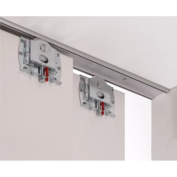 Hettich Laufschiene SlideLine 16 - Länge: 2.000 mm, Traglast: 60 kg - Silbernes Metall-Schiebetürrollen- und Schienensystem mit weißen und roten Kunststoffteilen.