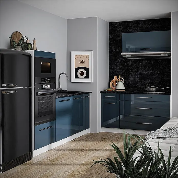 Vicco Küchenzeile - Breite: 340 cm, Dunkelblau Hochglanz, Ohne Elektrogeräte - Glänzende blaue Küchenschränke, integriert in ein modernes Küchendesign.