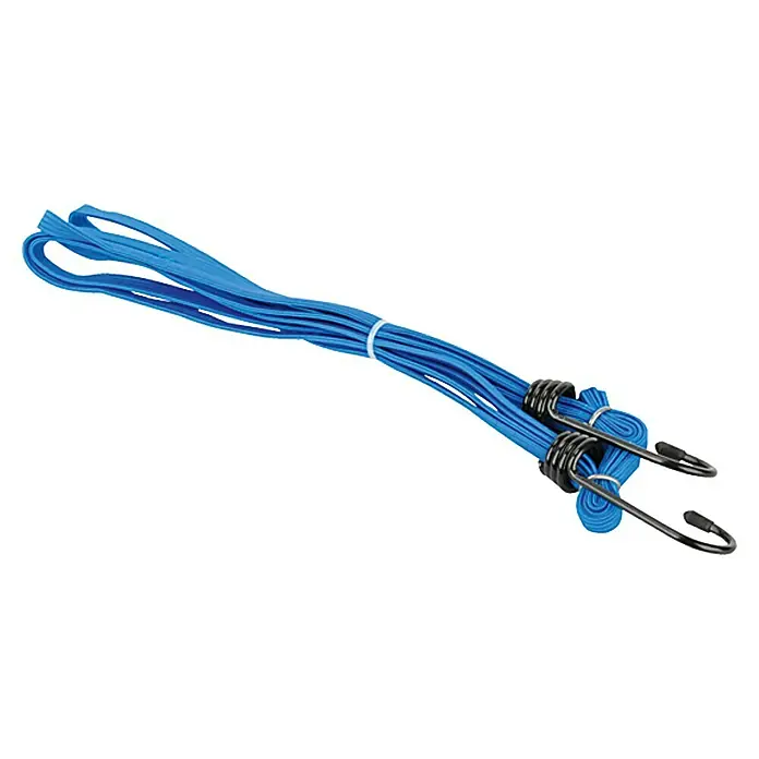 Fischer Zurrgurt - 60 cm, Geeignet für: Fahrräder - Ein Bündel blauer Gepäckspanner mit Hakenenden, zusammengebunden und bereit für den Einsatz zum Sichern von Ladung.