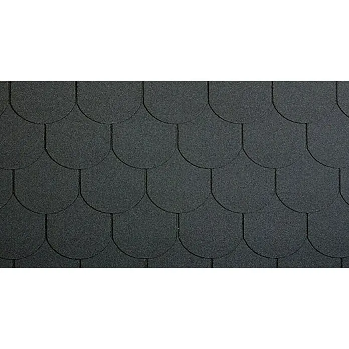 Biberschindel - Schwarz, 14 Stk., Bitumen - Nahaufnahme von schwarzen Dachschindeln mit rundem Muster, die sich überlappen und eine Textur erzeugen.\n