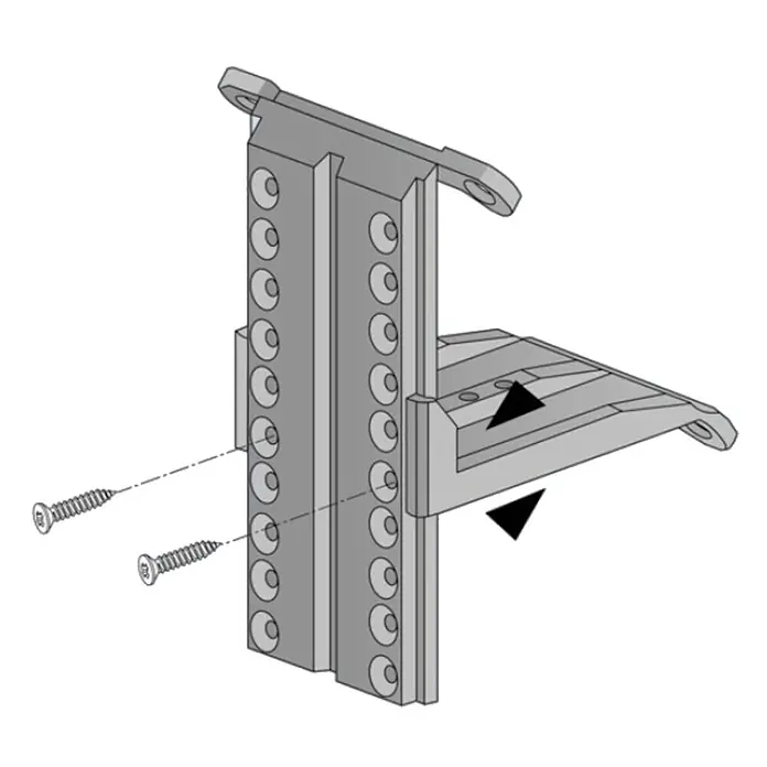 Hettich Dachschrägenadapter-Set - Kunststoff, Traglast: 50 kg - Graue Metall-Wandhalterung mit mehreren Schraublöchern und verstellbarer Regalstütze, gezeigt mit zwei Befestigungsschrauben.