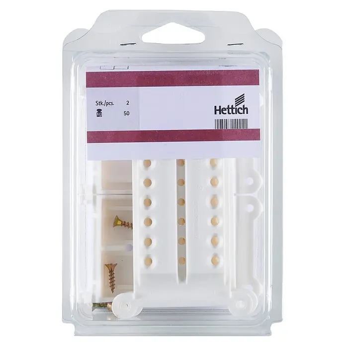 Hettich Dachschrägenadapter-Set - Kunststoff, Traglast: 50 kg - Transparente Verpackung mit zwei weißen Hettich Schubladenschienen und Schrauben zur Möbelmontage.