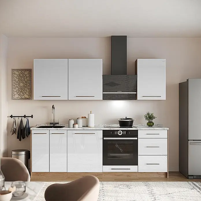 Vicco Küchenzeile - Breite: 230 cm, Weiß Hochglanz, Ohne Elektrogeräte - Moderne weiße Hochglanz-Küchenschränke mit Marmoroptik-Arbeitsplatte, integriertem Backofen, Spüle und dunkelem Dunstabzug.