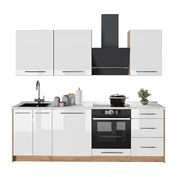 Vicco Küchenzeile - Breite: 230 cm, Weiß Hochglanz, Ohne Elektrogeräte - Weiße Hochglanz-Modulküche mit schwarzer Spüle, Ofen und Dunstabzugshaube, heller Holzsockel, Marmor-Arbeitsplatte.