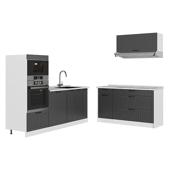 Vicco Küchenzeile - Breite: 340 cm, Dunkelgrau, Ohne Elektrogeräte - Dunkelgraue Küchenschränke mit weißen Arbeitsplatten, integrierter Spüle, Einbaubacköfen und passender Dunstabzugshaube.