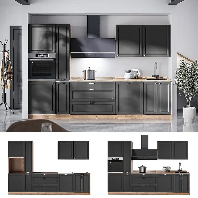 Vicco Küchenzeile - Breite: 310 cm, Anthrazit-Gold Landhaus, Ohne Elektrogeräte - Moderne dunkelgraue Küchenschränke mit Holzoptik-Basis und Arbeitsplatten, inklusive Ofen, Kochfeld, Spüle und Dunstabzugshaube.