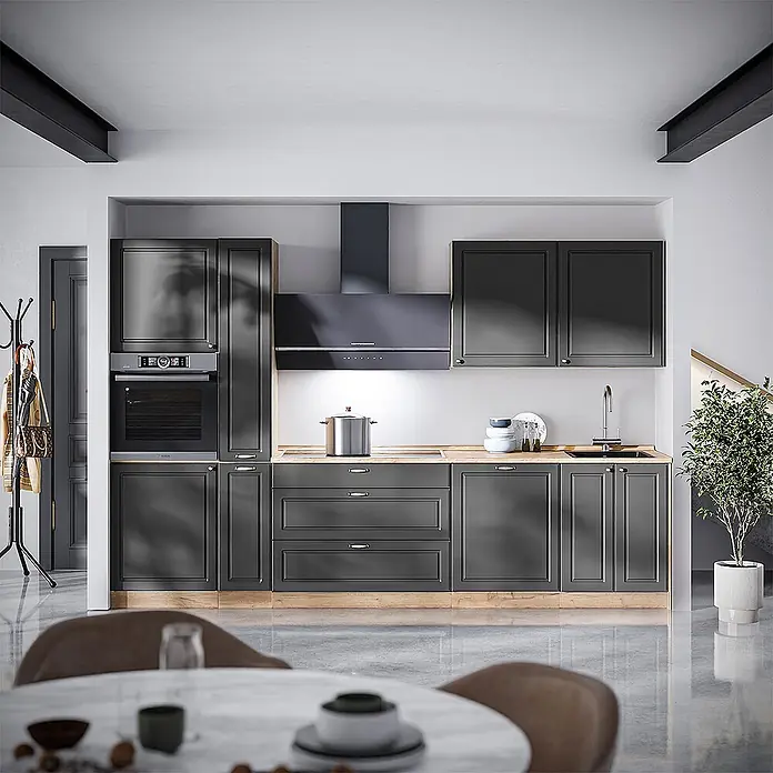 Vicco Küchenzeile - Breite: 310 cm, Anthrazit-Gold Landhaus, Ohne Elektrogeräte - Moderne dunkelgraue Küche mit Kassettenfronten, heller Holzplatte und integrierten Geräten.