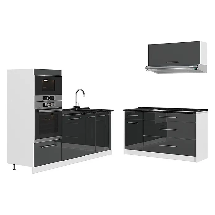 Vicco Küchenzeile - Breite: 340 cm, Anthrazit Hochglanz, Ohne Elektrogeräte - Weiß-dunkelgraue modulare Küchenzeile mit integriertem Backofen, Mikrowelle, Spüle, Kochfeld und Dunstabzugshaube, mit glänzenden Schränken.