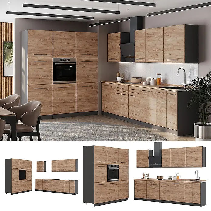 Küchenzeile Fame-Line 460 cm Goldkraft Eiche Art.-Nr. 63846 -  - Moderne modulare Küchenzeile mit Holzdekorfronten und dunkelgrauen Elementen, inklusive integriertem Ofen, Kochfeld, Spüle und Dunstabzugshaube.