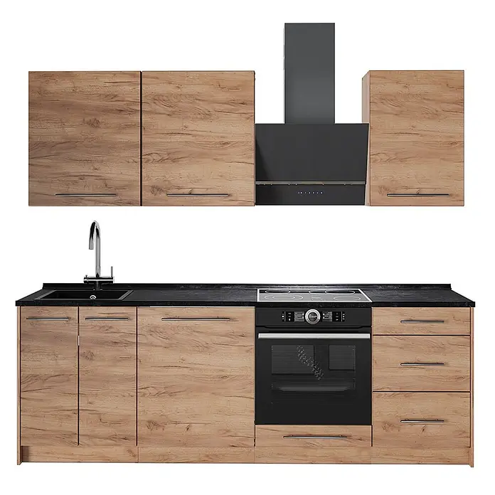 Vicco Küchenzeile Fame-Line, Goldkraft Eiche/Goldkraft Eiche, 230 cm -  - Moderne Küchenzeile mit Holzdekor-Schränken, schwarzer Arbeitsplatte, integrierter Spüle, Kochfeld, Backofen und Dunstabzugshaube.