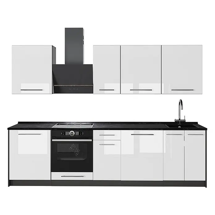 Vicco Küchenzeile - Breite: 280 cm, Weiß Hochglanz, Ohne Elektrogeräte - Moderne Hochglanzküche in Weiß mit schwarzer Arbeitsplatte, integriertem Backofen, Kochfeld, Spüle und Dunstabzugshaube. Enthält Ober- und Unterschränke.