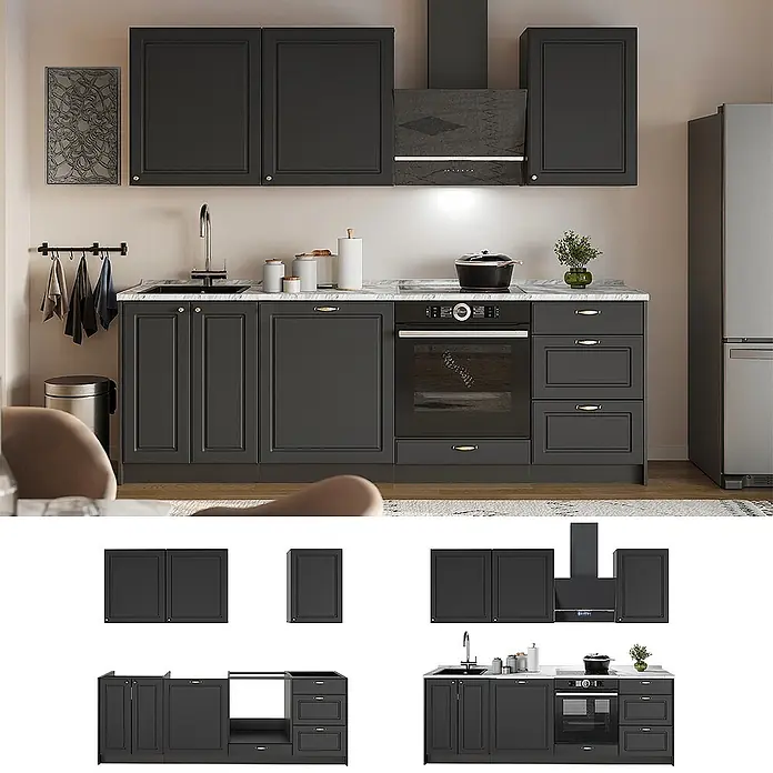 Vicco Küchenzeile - Breite: 230 cm, Anthrazit-Gold Landhaus, Ohne Elektrogeräte - Dunkelgraue modulare Küchenzeile mit Paneeldetails, integrierten Geräten und Marmor-Arbeitsplatte.