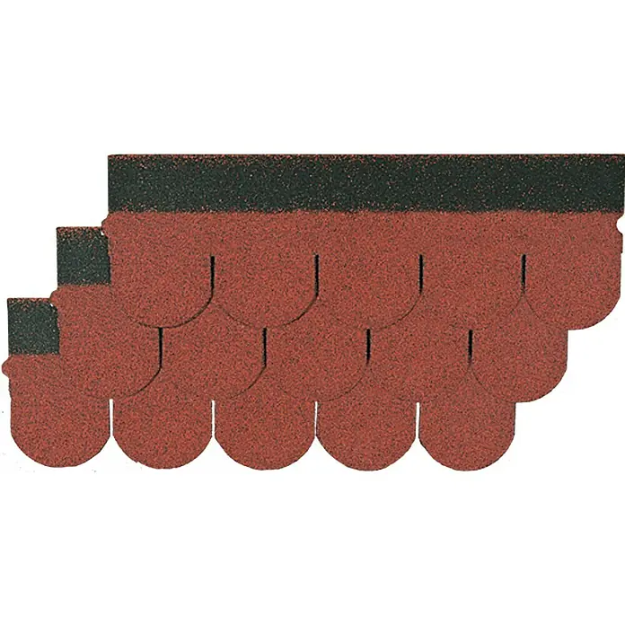 Biberschindel - Rot, 14 Stk., Bitumen - Nahaufnahme von roten Dachschindeln mit abgerundeten Kanten und einem dunklen, strukturierten oberen Rand, ideal für Dächer.