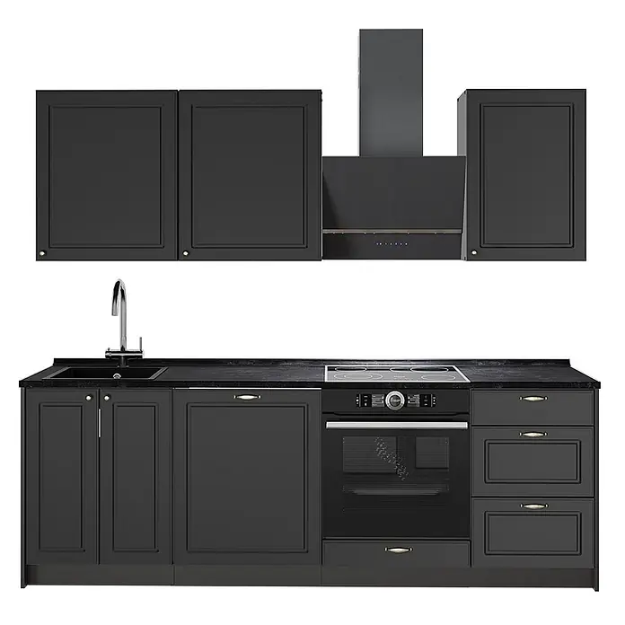 Vicco Küchenzeile - Breite: 230 cm, Anthrazit-Gold Landhaus, Ohne Elektrogeräte - Schwarze Küchenzeile mit Ober- und Unterschränken, Spüle, Armatur, Elektrokochfeld, integriertem Backofen und passender Dunstabzugshaube.