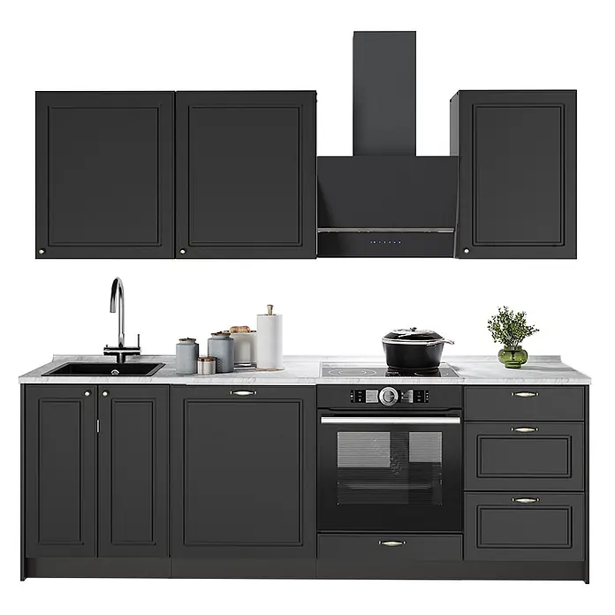 Vicco Küchenzeile - Breite: 230 cm, Anthrazit-Gold Landhaus, Ohne Elektrogeräte - Moderne schwarze Küchenzeile mit Spüle, Backofen, Kochfeld und Dunstabzugshaube. Dunkle Schränke und helle Arbeitsplatte.
