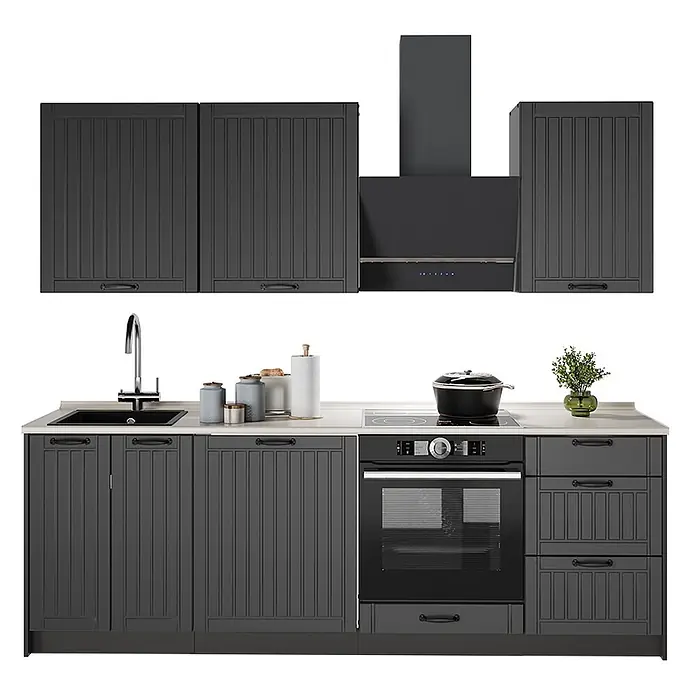 Vicco Küchenzeile Fame-Line, Dunkelgrau/Anthrazit, 230 cm -  - Dunkelgraue Küchenschrank-Garnitur mit moderner Spüle, Armatur, Kochfeld, Backofen und Dunstabzugshaube.