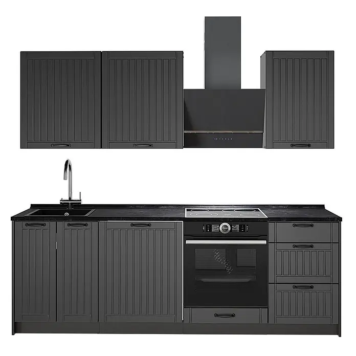 Vicco Küchenzeile Fame-Line, Dunkelgrau/Anthrazit, 230 cm -  - Dunkelgraue Küchenzeile mit geriffelten Türen, integrierter Spüle, Backofen, Kochfeld und Dunstabzugshaube.