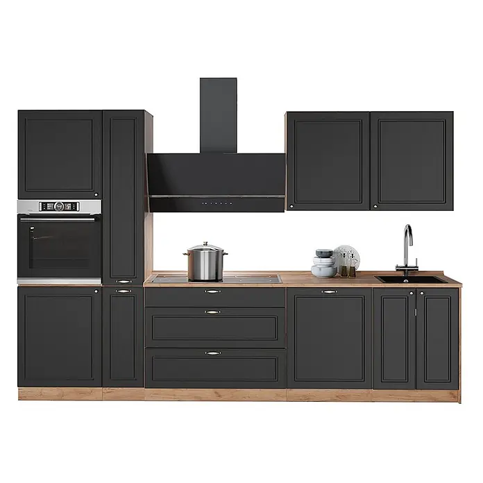 Vicco Küchenzeile - Breite: 310 cm, Anthrazit-Gold Landhaus, Ohne Elektrogeräte - Anthrazitfarbene Küchenzeile mit Holzplatten und -sockel, integriertem Backofen, Kochfeld, Dunstabzugshaube und Spüle.