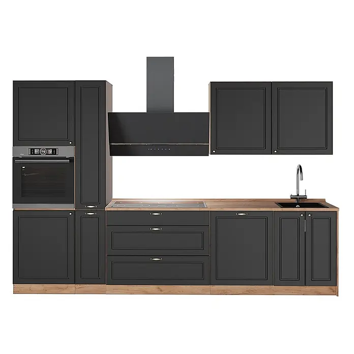 Vicco Küchenzeile - Breite: 310 cm, Anthrazit-Gold Landhaus, Ohne Elektrogeräte - Moderne schwarze modulare Küche mit Holzarbeitsplatten, integriertem Backofen, Kochfeld, Spüle und Dunstabzugshaube.