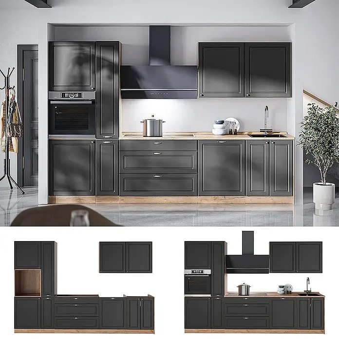 Vicco Küchenzeile - Breite: 310 cm, Anthrazit-Gold Landhaus, Ohne Elektrogeräte - Dunkelgraue modulare Küchenschränke mit heller Holz-Arbeitsplatte, integriertem Ofen und Spüle in moderner Küche.
