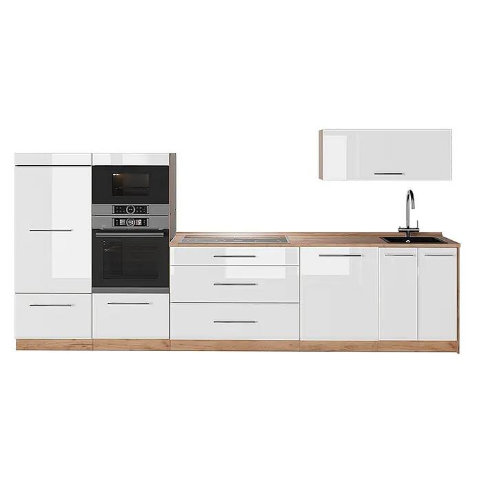 Küchenzeile Fame-Line 340 cm Weiß Hochglanz Art.-Nr. 64519 -  - Weiße Hochglanz-Küchenzeile mit Holz-Arbeitsplatte, integrierten Geräten, Spüle und Schränken.