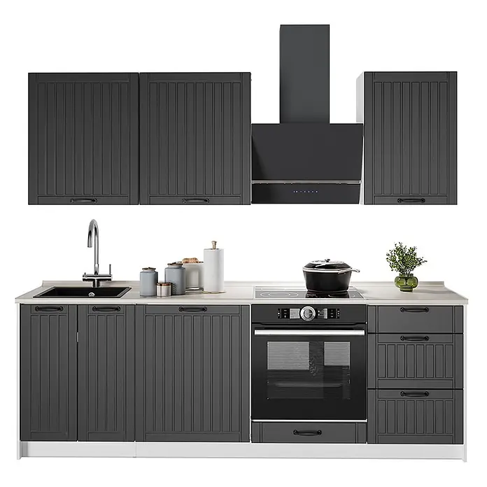 Vicco Küchenzeile Fame-Line, Dunkelgrau/Weiß, 230 cm -  - Moderne dunkelgraue Küchenzeile mit gerippten Schranktüren, schwarzen Geräten und heller Arbeitsplatte für einen funktionalen Kochbereich.