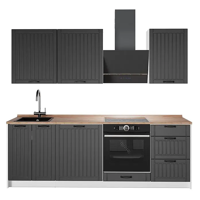 Vicco Küchenzeile Fame-Line, Dunkelgrau/Weiß, 230 cm -  - Dunkelgraue Küchenzeile mit gerillten Türen, Holzplatte, Spüle, Kochfeld, Backofen und Dunstabzugshaube.